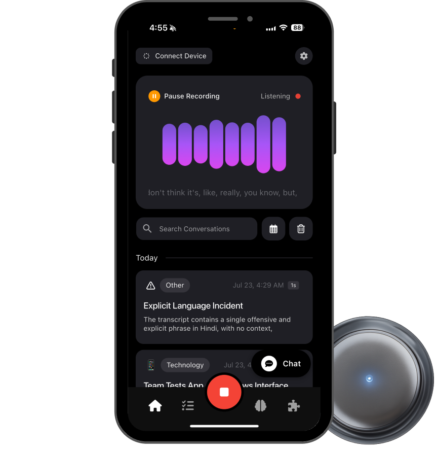 Omi AI app dashboard showing conversation transcripts, summaries, and task extraction