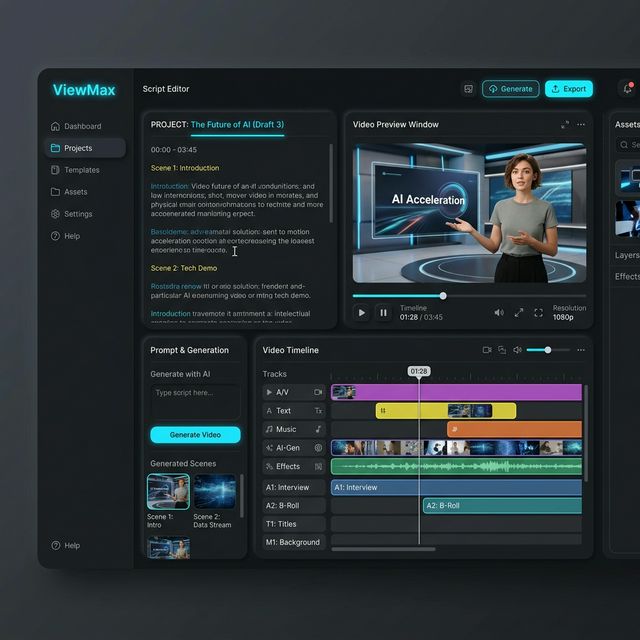 ViewMax.io software dashboard showing the AI video generator timeline and script editor